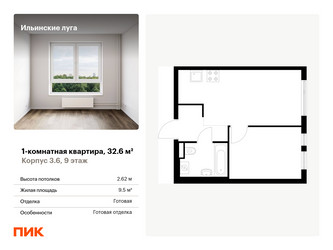 Планировка однокомнатной(квартира) площадью 32.6 квадратных метров в ЖК “ЖК Ильинские луга”