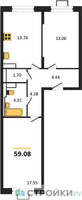 Планировка двухкомнатной(квартира) площадью 59.08 квадратных метров в “ЖК Прибрежный Парк”