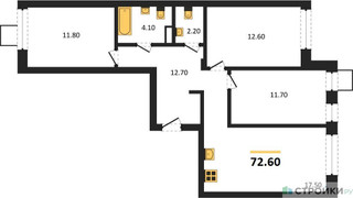 Планировка трехкомнатной(квартира) площадью 72.6 квадратных метров в “ЖК Никольский квартал Отрада”