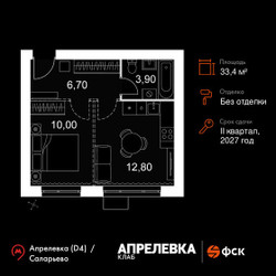 Планировка однокомнатной(квартира) площадью 33.4 квадратных метров в ЖК “Апрелевка Клаб”