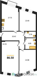 Планировка трехкомнатной(квартира) площадью 86.5 квадратных метров в ЖК “ЖК Эльйон”