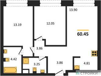 Планировка двухкомнатной(квартира) площадью 60.45 квадратных метров в ЖК “ЖК TATE (Тэйт)”