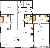 Планировка двухкомнатной(квартира) площадью 93.9 квадратных метров в “ЖК Sydney Prime (Сидней Прайм)”