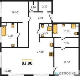Планировка двухкомнатной(квартира) площадью 93.9 квадратных метров в ЖК “ЖК Sydney Prime (Сидней Прайм)”