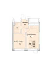 Планировка однокомнатной(квартира) площадью 34.3 квадратных метров в ЖК “ЖК Отрадный”