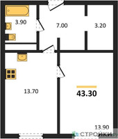 Планировка однокомнатной(квартира) площадью 43.3 квадратных метров в “ЖК Сердце Одинцово”