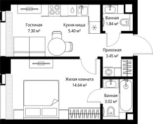 Планировка однокомнатной(квартира) площадью 35.65 квадратных метров в ЖК “ЖК Веер”