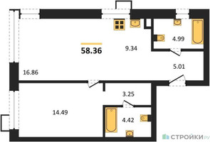 Планировка однокомнатной(апартаменты) площадью 58.36 квадратных метров в “ЖК N’ICE LOFT (Найс Лофт)”
