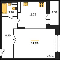 Планировка однокомнатной(квартира) площадью 45.85 квадратных метров в “ЖК Преображенская Площадь”