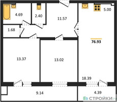 Планировка двухкомнатной(квартира) площадью 76.93 квадратных метров в “ЖК Егорово Парк”