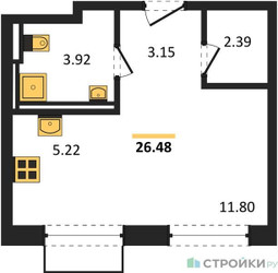 Планировка студии(квартира) площадью 26.48 квадратных метров в ЖК “ЖК Квартал Домашний”