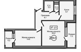 Планировка двухкомнатной(квартира) площадью 69.4 квадратных метров в “ЖК Терра”