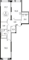 Планировка двухкомнатной(квартира) площадью 76.5 квадратных метров в ЖК “ЖК Первый Московский”