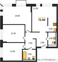 Планировка трехкомнатной(квартира) площадью 75.6 квадратных метров в ЖК “ЖК Квартал Западный”