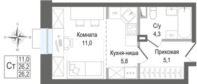 Планировка студии(квартира) площадью 26.2 квадратных метров в ЖК “ЖК КИНОКВАРТАЛ”