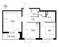 Планировка двухкомнатной(квартира) площадью 52.7 квадратных метров в “ЖК 1-й Саларьевский (Первый Саларьевский)”