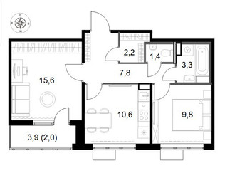 Планировка двухкомнатной(квартира) площадью 52.7 квадратных метров в ЖК “ЖК 1-й Саларьевский (Первый Саларьевский)”