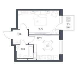 Планировка однокомнатной(квартира) площадью 35.5 квадратных метров в ЖК “ЖК Алхимово”