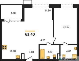 Планировка однокомнатной(квартира) площадью 63.4 квадратных метров в “ЖК Дзен-кварталы”