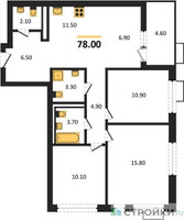 Планировка трехкомнатной(квартира) площадью 78 квадратных метров в “ЖК Скандинавия”