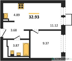 Планировка однокомнатной(квартира) площадью 32.93 квадратных метров в “ЖК Квартал Ивакино”