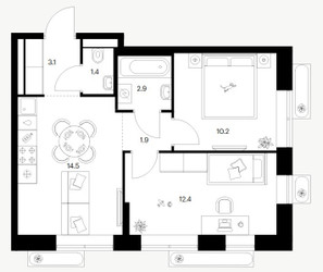 Планировка двухкомнатной(квартира) площадью 46.4 квадратных метров в ЖК “ЖК Саларьево парк”