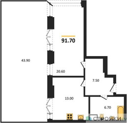 Планировка однокомнатной(квартира) площадью 91.7 квадратных метров в ЖК “ЖК Мираполис”