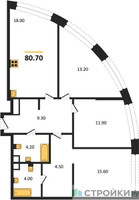 Планировка трехкомнатной(квартира) площадью 80.7 квадратных метров в “ЖК Nagatino i-Land (Нагатино ай-лэнд)”