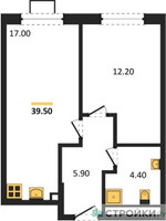 Планировка однокомнатной(квартира) площадью 39.5 квадратных метров в “ЖК Лучи-2”