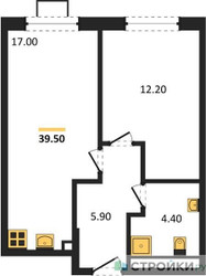 Планировка однокомнатной(квартира) площадью 39.5 квадратных метров в ЖК “ЖК Лучи-2”