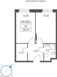 Планировка однокомнатной(апартаменты) площадью 38.54 квадратных метров в ЖК “ЖК Волковская 67”