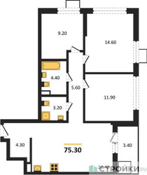 Планировка трехкомнатной(квартира) площадью 75.3 квадратных метров в ЖК “ЖК Деснаречье”