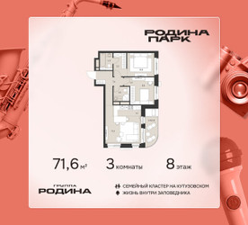 Планировка трехкомнатной(квартира) площадью 71.6 квадратных метров в ЖК “ЖК Родина Парк”