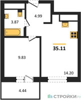 Планировка однокомнатной(квартира) площадью 35.11 квадратных метров в “ЖК ВОСТОК II”