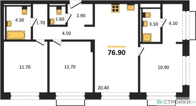 Планировка трехкомнатной(квартира) площадью 76.9 квадратных метров в ЖК “ЖК Равновесие”