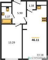 Планировка однокомнатной(апартаменты) площадью 46.11 квадратных метров в “ЖК Пятницкое 58 (Перец)”
