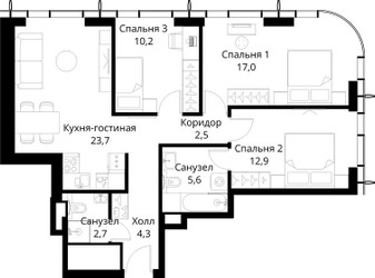 Планировка трехкомнатной(квартира) площадью 78.9 квадратных метров в ЖК “ЖК Сити Бэй”