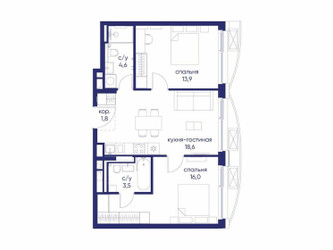 Планировка двухкомнатной(квартира) площадью 58.42 квадратных метров в ЖК “ЖК Остров”