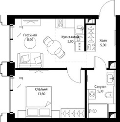 Планировка однокомнатной(квартира) площадью 38.4 квадратных метров в ЖК “ЖК СЕТ”