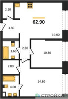 Планировка двухкомнатной(квартира) площадью 62.9 квадратных метров в “ЖК Portland (Портланд)”