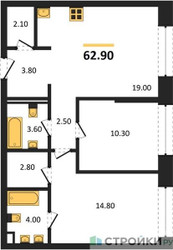 Планировка двухкомнатной(квартира) площадью 62.9 квадратных метров в ЖК “ЖК Portland (Портланд)”