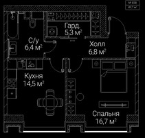 Планировка однокомнатной(квартира) площадью 49.7 квадратных метров в “ЖК СЕЗАР БУДУЩЕЕ”