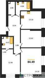 Планировка трехкомнатной(квартира) площадью 84.49 квадратных метров в ЖК “ЖК Sezar City (Сезар Сити)”
