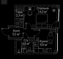 Планировка однокомнатной(квартира) площадью 36.5 квадратных метров в “ЖК СЕЗАР БУДУЩЕЕ”