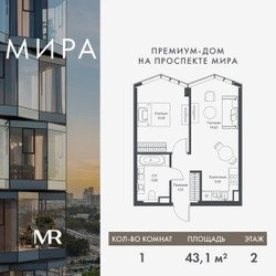 Планировка однокомнатной(квартира) площадью 43.13 квадратных метров в ЖК “Дом премиум-класса МИРА”