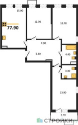 Планировка трехкомнатной(квартира) площадью 77.9 квадратных метров в ЖК “ЖК Прокшино”