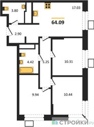 Планировка трехкомнатной(квартира) площадью 64.09 квадратных метров в ЖК “ЖК Апарт-отель Тропарево парк”