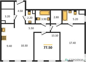 Планировка двухкомнатной(квартира) площадью 77.5 квадратных метров в “ЖК Sydney City (Сидней Сити)”