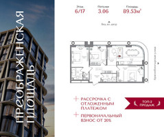 Планировка трехкомнатной(квартира) площадью 89.53 квадратных метров в “ЖК Преображенская Площадь”