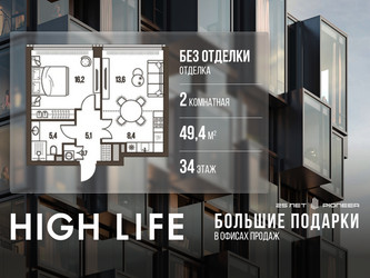 Планировка двухкомнатной(квартира) площадью 49.4 квадратных метров в ЖК “ЖК High Life (Хай Лайф)”